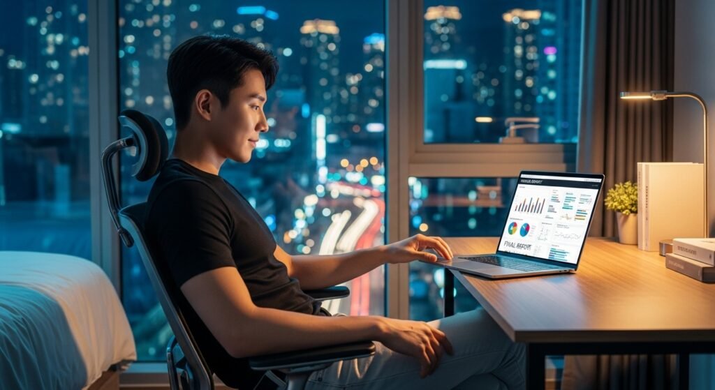 분석을 마치고 여유롭게 커피를 마시는 공대생의 모습